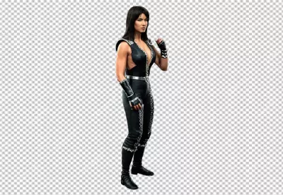 Intense Martial Arts Woman in Black Leather Outfit with Silver Accents image