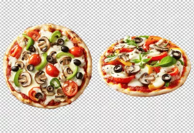Delicious Fresh Vegetarian Pizzas with Mushroom Olive and Pepper Toppings Food Photography image