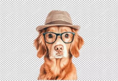 Adorable Canine in Fedora Hat and Black Eyeglasses PNG Cutout image