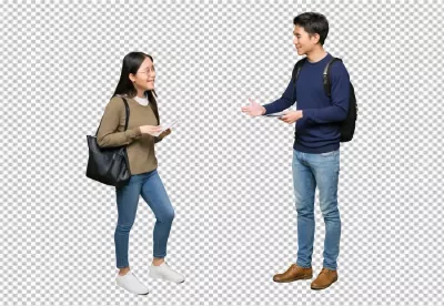 Smiling Young Asian Students Exchanging Information and Documents on White image