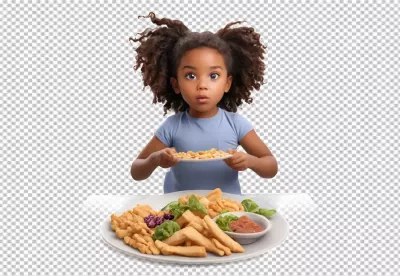 Adorable Young Girl with Curly Hair Holding Plate of Fried Snacks and Fast Food image