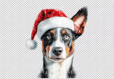Adorable Puppy Wearing Festive Santa Hat PNG Cutout for Christmas Designs image