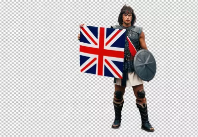 Resolute Warrior in Ancient Armor Holding Union Jack Flag and Shield image