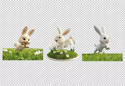 Adorable 3D Cartoon Rabbits Joyfully Jumping Through Vibrant Green Grass image