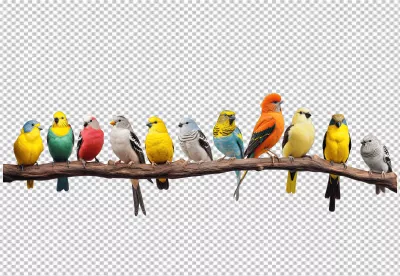 Vibrant Collection of Exotic Birds Perching on a Natural Wooden Branch image
