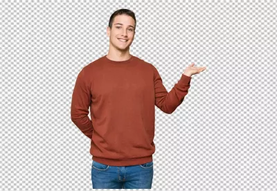 Smiling Young Man Presenting or Offering with Open Palm on White Background image