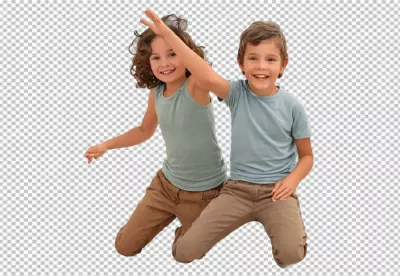 Cheerful Young Boy and Girl Siblings Kneeling, Smiling, Making Peace Sign, Childhood Fun image