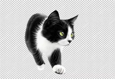 Adorable Tuxedo Cat with Bright Green Eyes Walking Forward PNG Image image
