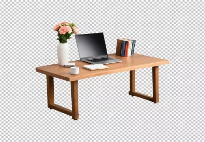 Elegant Wooden Desk with Laptop, Books, and Flowers for a Minimalist Workspace image