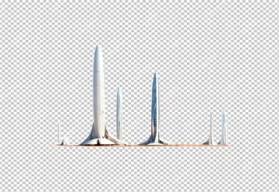 Futuristic Rocket-Shaped Skyscrapers in Desert Landscape Isolated on White image