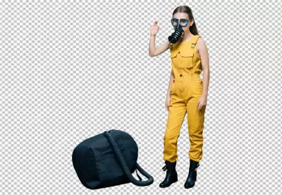 Stylish Woman in Protective Yellow Jumpsuit and Gas Mask, Future Safety Concept image