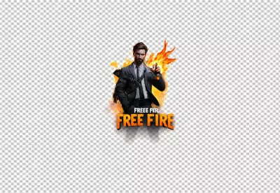 Dynamic Free Fire Game Character in Suit with Fiery Weapon: Intense Mobile Gaming Action image