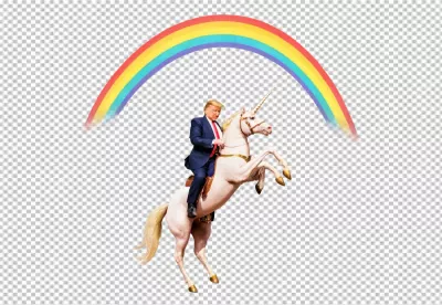 Donald Trump Majestically Riding a Rearing White Unicorn Under a Vibrant Rainbow image