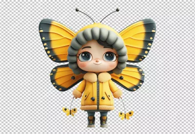 Playful Chibi Girl with Yellow Butterfly Wings and Toy Butterflies PNG image