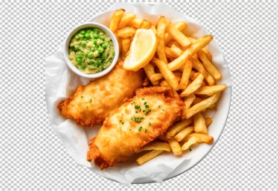 Classic Golden Fried Fish and Chips with Mushy Peas and Lemon Wedge Delicious Fast Food Meal image
