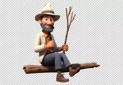 Happy 3D Cartoon Man Sitting on Log with Stick, Friendly Adventurer Character image