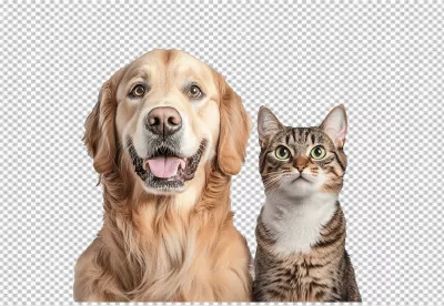 Adorable Golden Retriever Dog and Tabby Cat Together: A Cute Pet Duo PNG image
