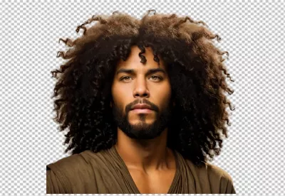 Handsome Man with Voluminous Curly Hair and Beard Looking Forward image