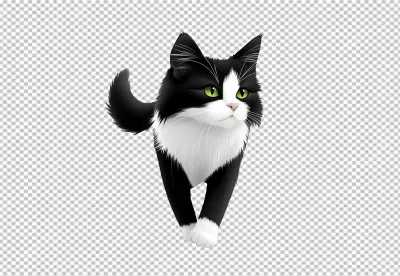 Adorable Walking Black and White Cat with Green Eyes, Perfect PNG Cutout image