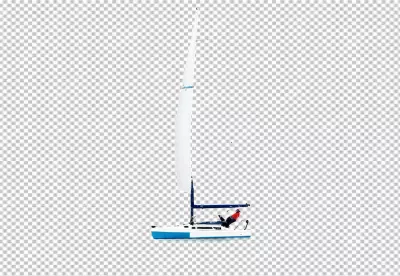 Solo Sailor Actively Maneuvering a White and Blue Dinghy Sailboat image