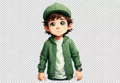 Charming Animated Boy Character Wearing Green Cap and Jacket with Big Expressive Eyes image