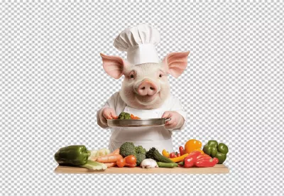 Smiling Pig Chef Preparing Healthy Vegetables Dish for Gourmet Cooking image