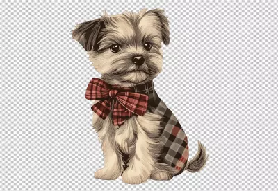 Charming Yorkshire Terrier Puppy Illustration with Plaid Bow and Stylish Pattern image