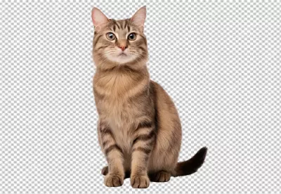 Brown Tabby Cat with Striped Fur Sitting Upright on Clean White Background image