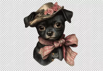 Charming Vintage Puppy Dog Wearing Elegant Floral Hat and Plaid Bow PNG image