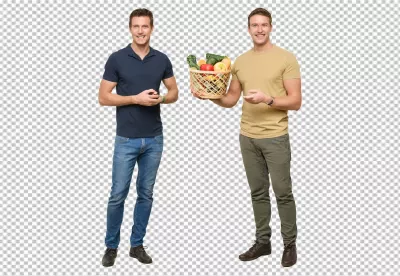 Happy Young Men Promoting Healthy Eating with Fresh Fruits and Vegetables Basket image