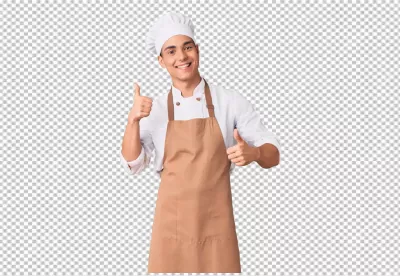 Happy Young Male Chef Smiling and Giving Double Thumbs Up in Professional Culinary Attire image
