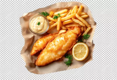 Classic Crispy Fried Fish and Chips with Tartar Sauce and Fresh Lemon image