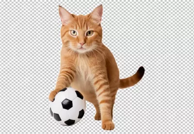 Ginger Tabby Cat Poses Playfully with a Classic Soccer Ball on White Background image