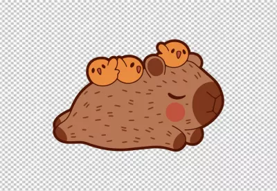 Adorable Cartoon Capybara Napping Peacefully with Three Cute Chicks on Its Back Illustration image