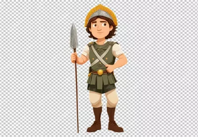Young cartoon boy in Roman or Greek warrior costume holding a spear, ready for battle image