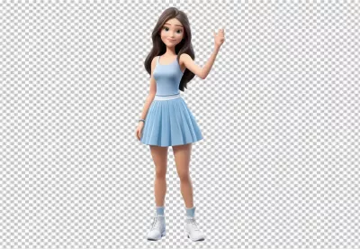 Friendly 3D Animated Woman Waving in Blue Dress with White Sneakers and Brown Hair image