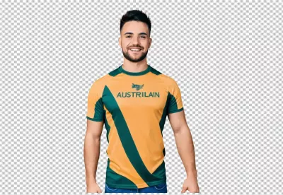 Smiling Young Man in Vibrant Green and Yellow Australian Sports Jersey image