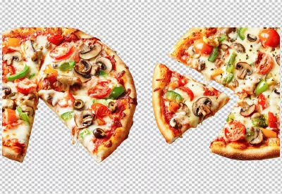 Delicious Sliced Vegetable Pizza with Fresh Mushrooms and Bell Peppers image