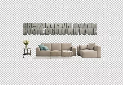 Modern Beige Sectional Sofa with Abstract 3D Text Art and Minimalist Home Decor image
