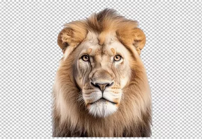 Powerful Male Lion Headshot with Intense Gaze PNG Cutout for Wildlife Design image