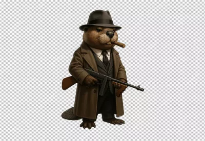Dapper Beaver Gangster with Fedora, Cigar, and Tommy Gun Digital Art image