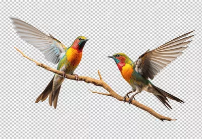 Vibrant Bee-Eaters Perching on a Branch with Wings Spread in Dynamic Flight image