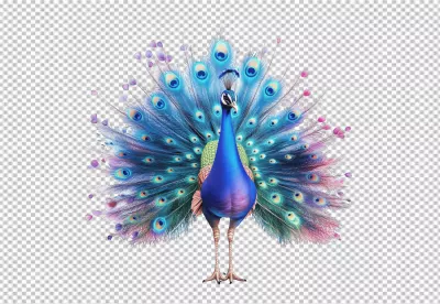 Majestic Blue Peacock Spreading Colorful Tail Feathers PNG image
