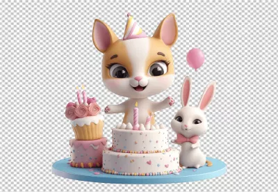 Adorable Cartoon Cat and Rabbit Celebrating Birthday with Cake and Balloon image