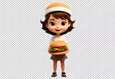 Playful 3D Girl Mascot in Burger Bun Hat Holding Giant Fast Food Meal image