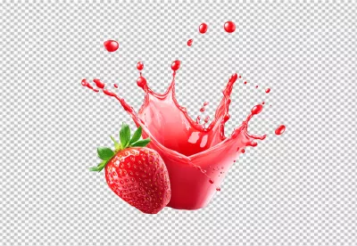 Dynamic Red Strawberry Juice Splash with Fresh Fruit Drops PNG Cutout image