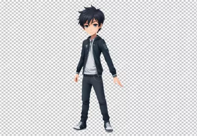 Anime Style Young Boy in Casual Dark Jacket Standing Confidently, Full Body Illustration image