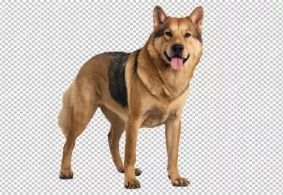 Friendly Brown Dog with Intelligent Eyes Standing Alertly on Pristine White Backdrop image