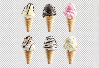 Delicious Ice Cream Cones with Various Flavors and Chocolate Syrup Dessert Collection image