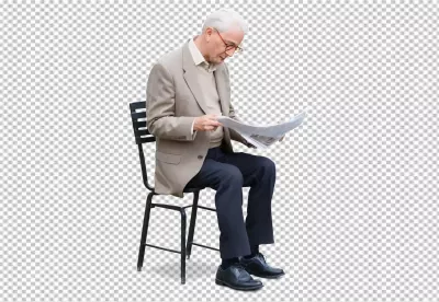 Thoughtful Senior Man Reading Newspaper Casually Seated on Chair Isolated on White image